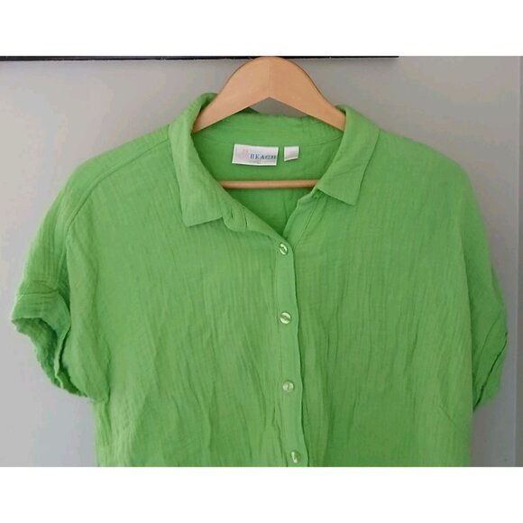 Belle Beach Kim Gravel Button Down Gauzy Shirt Size Large Green S/S Tie Front - Picture 2 of 9